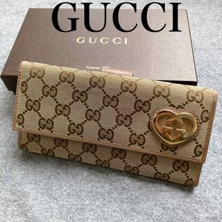 Gucci - 【状態良好】グッチ GGキャンバス Wホック 長財布 ラブリーハート ピンク