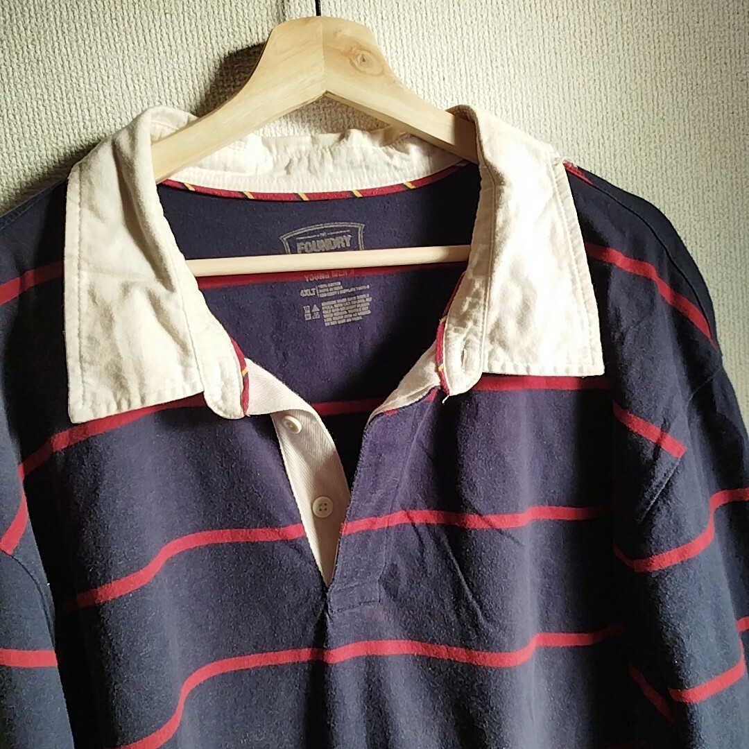 古着 FOUNDRY ラガーシャツ　紺赤ストライプ　4XLT　長袖ポロシャツ メンズのトップス(ポロシャツ)の商品写真