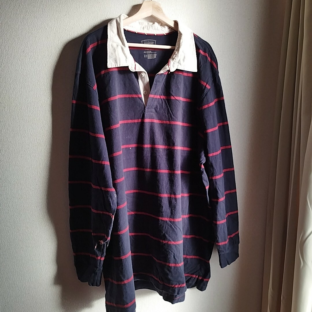 古着 FOUNDRY ラガーシャツ　紺赤ストライプ　4XLT　長袖ポロシャツ メンズのトップス(ポロシャツ)の商品写真