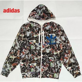 adidas - 【希少】adidas　総柄パーカー　3本ライン　ビッグロゴ　フルジップ　裏起毛