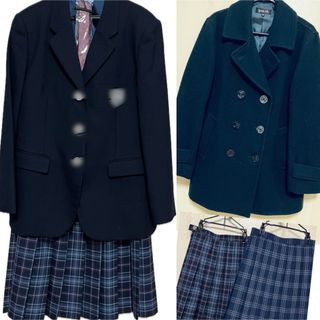 女子高生 ブレザー制服 冬コート チェックスカート ネクタイ 5点セット 超美品(セット/コーデ)