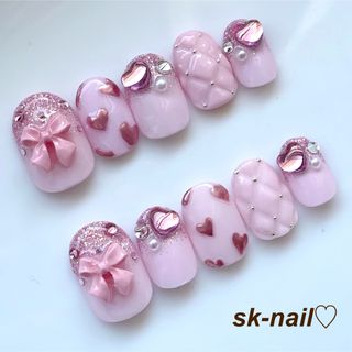 ♡ピンク×ハートのミラーネイル♡ ネイルチップ　ハンドメイド