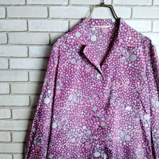 ヴィンテージ(VINTAGE)の柄シャツ☆ブラウス　ポリシャツ　長袖　開襟　オープンカラー　水玉　花　総柄　紫(シャツ/ブラウス(長袖/七分))