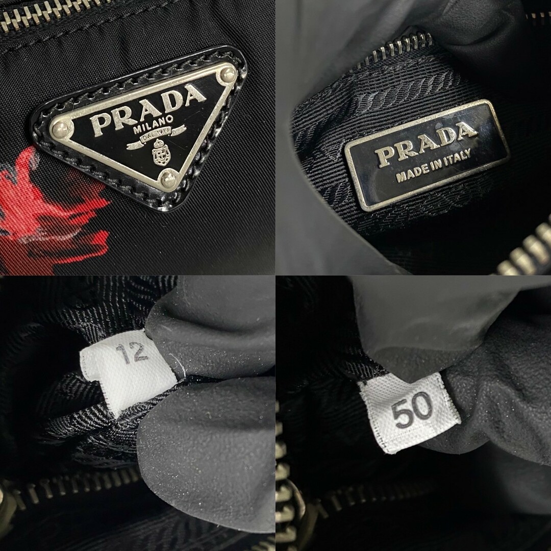 PRADA(プラダ)のほぼ未使用 レア PRADA プラダ 三角ロゴ 金具 花柄 フラワー ナイロン レザー 本革 ミニ ハンドバッグ ポーチ ブラック レッド 24710 レディースのバッグ(ハンドバッグ)の商品写真