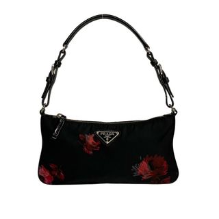 プラダ(PRADA)のほぼ未使用 レア PRADA プラダ 三角ロゴ 金具 花柄 フラワー ナイロン レザー 本革 ミニ ハンドバッグ ポーチ ブラック レッド 24710(ハンドバッグ)