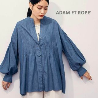 アダムエロペ(AER ADAM ET ROPE)のアダムエロペ ピンタックフリルブラウス ぽわん袖 コットン バンドカラー ブルー(シャツ/ブラウス(長袖/七分))