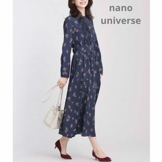 nano・universe - ナノユニバース フロントタック花柄ワンピース バンドカラー ネイビー