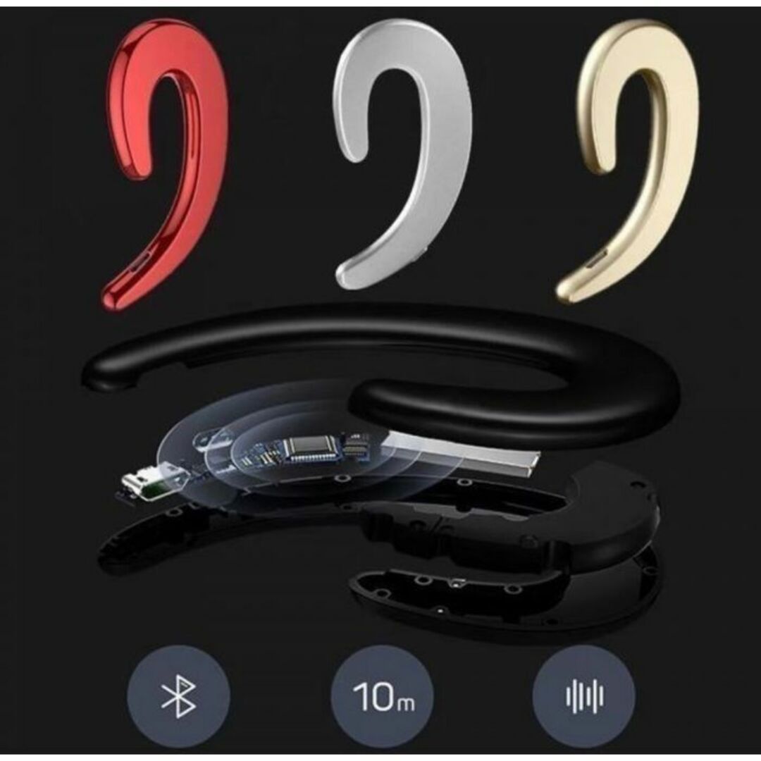 耳かけ用　ワイヤレス・ブルートゥースイヤホン：-レッド耳かけ用　ワイヤレス・ブル スマホ/家電/カメラのオーディオ機器(ヘッドフォン/イヤフォン)の商品写真