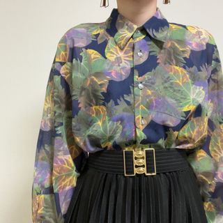 透け感 リーフ柄 コットン系 レトロ 柄シャツ