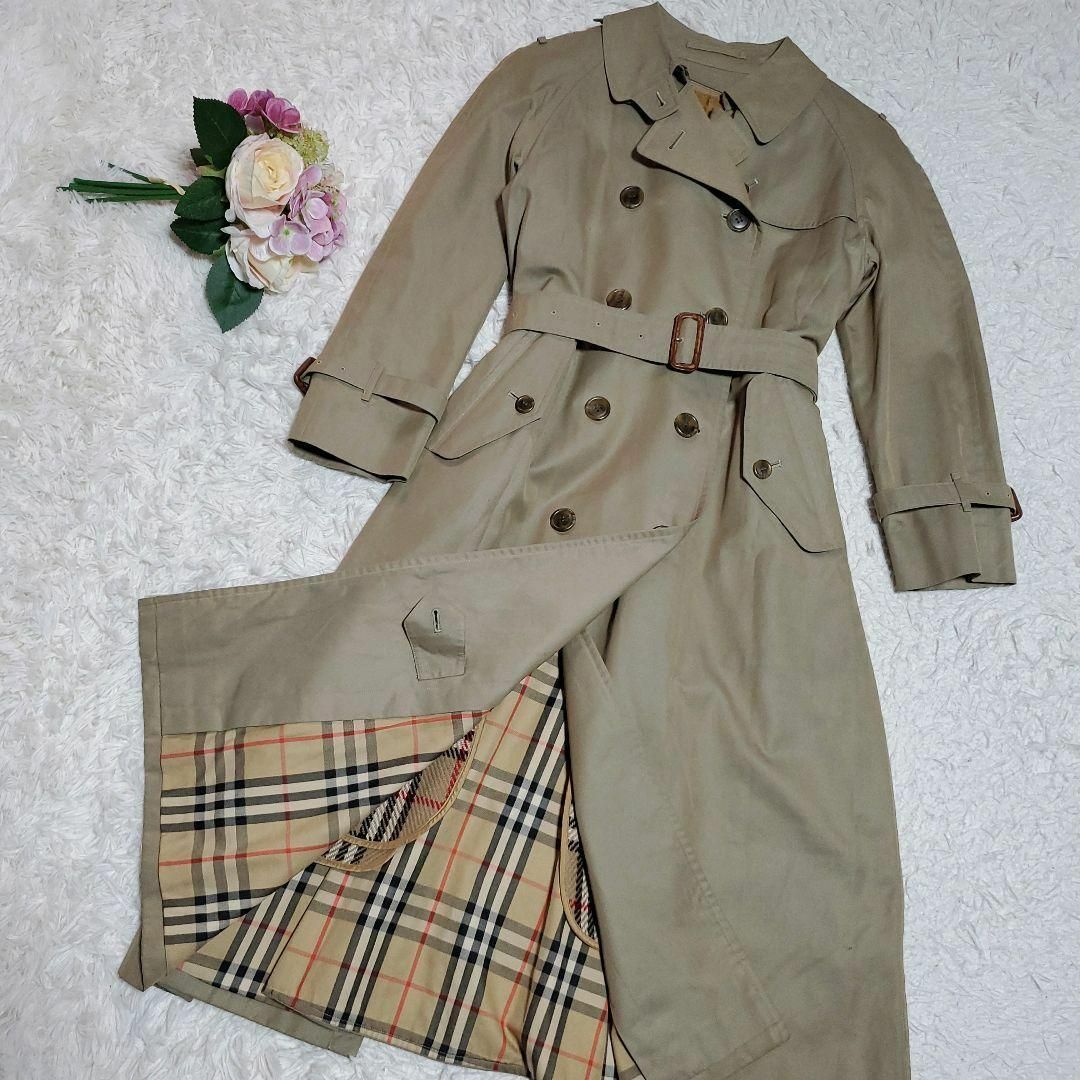 BURBERRY(バーバリー)の美品 L バーバリー ロング トレンチコート カーキ 羊毛ノバチェック ライナー レディースのジャケット/アウター(トレンチコート)の商品写真