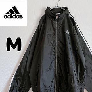 アディダス(adidas)の90s　アディダス　フルジップ　ナイロンジャケット　黒　Mサイズ　古着(ナイロンジャケット)