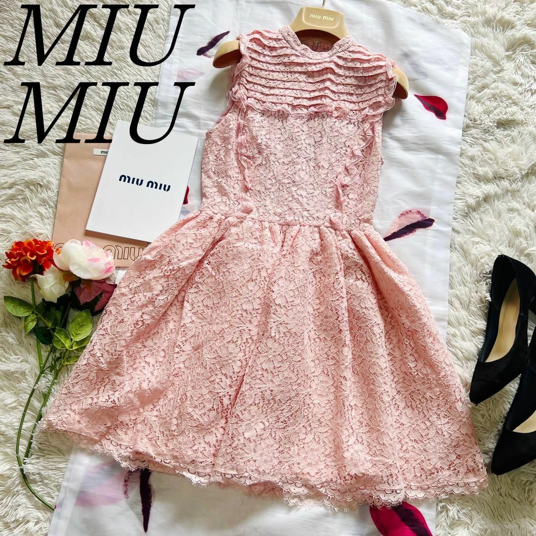 miumiu(ミュウミュウ)の【美品】 MIU  MIU 膝丈ワンピース 総レース ピンク ノースリーブ 38 レディースのワンピース(ひざ丈ワンピース)の商品写真