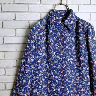 ヴィンテージ(VINTAGE)の柄シャツ☆ブラウス　ポリシャツ　長袖　日本製　チューリップ　花　総柄　青(シャツ/ブラウス(長袖/七分))