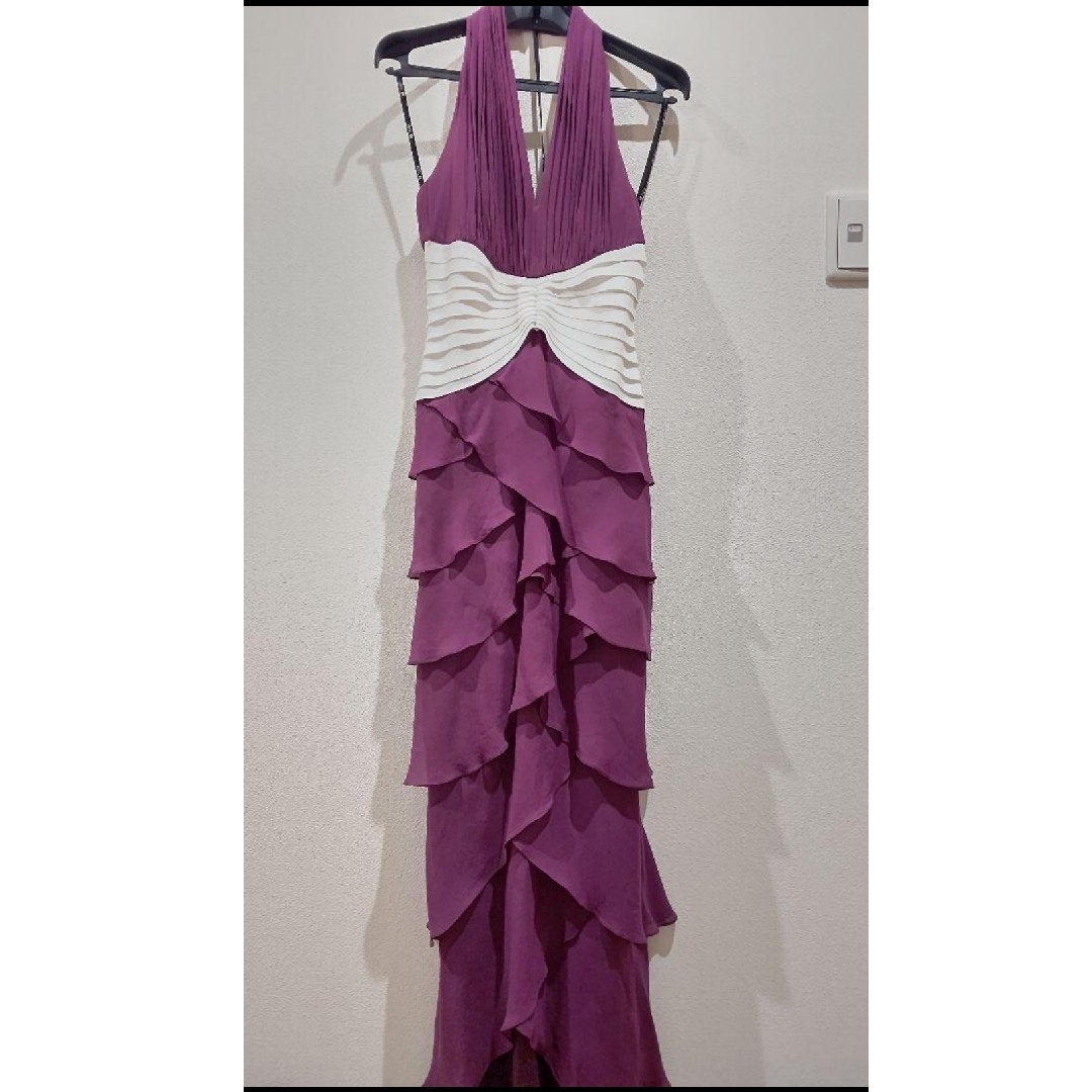 TADASHI SHOJI(タダシショウジ)のTADASHI 紫×白ホルターネックフリルドレス レディースのフォーマル/ドレス(ロングドレス)の商品写真