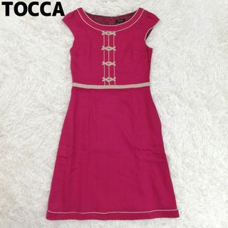 トッカ(TOCCA)のTOCCA  トッカ　ワンピース　ジャガード　膝丈　リボン　赤　レッド　M(ひざ丈ワンピース)