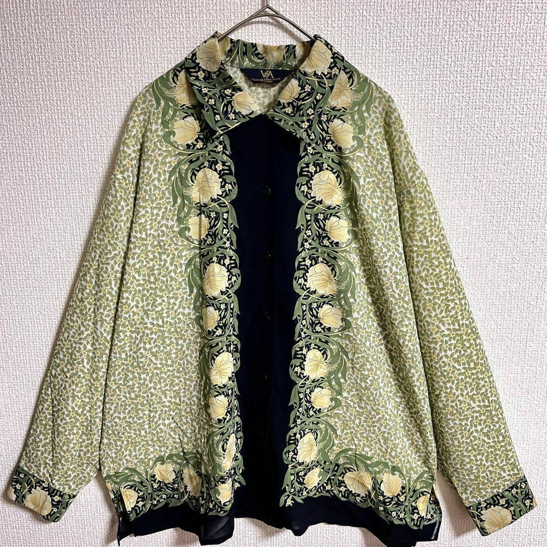 【美品】デザインシャツ 総柄シャツ ポリシャツ 花柄 日本製 グリーン ネイビー レディースのトップス(シャツ/ブラウス(長袖/七分))の商品写真