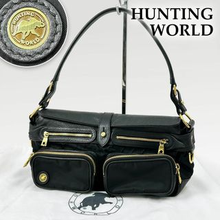 ハンティングワールド(HUNTING WORLD)の美品◎ハンティングワールド ワンショルダーバッグ ワンハンドルバッグ 黒 金ロゴ(ショルダーバッグ)