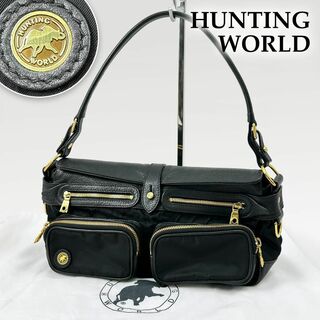 HUNTING WORLD - 美品◎ハンティングワールド ワンショルダーバッグ ワンハンドルバッグ 黒 金ロゴ