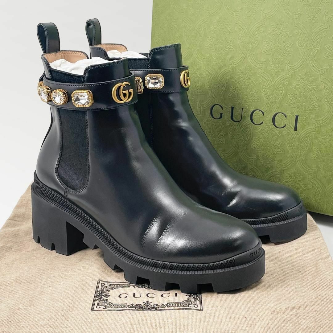 Gucci(グッチ)の◎極美品◎グッチ ショートブーツ 厚底 マーモント ビジュー クリスタル 39黒 レディースの靴/シューズ(ブーツ)の商品写真