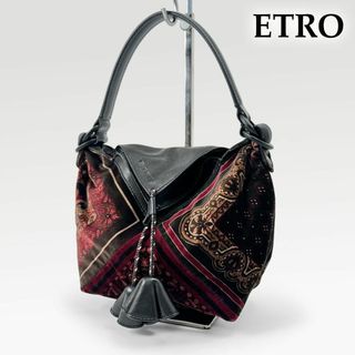 エトロ(ETRO)の美品◎エトロ ハンドバッグ タッセル　ペイズリー 総柄 ベロア生地 ボルドー 黒(ハンドバッグ)