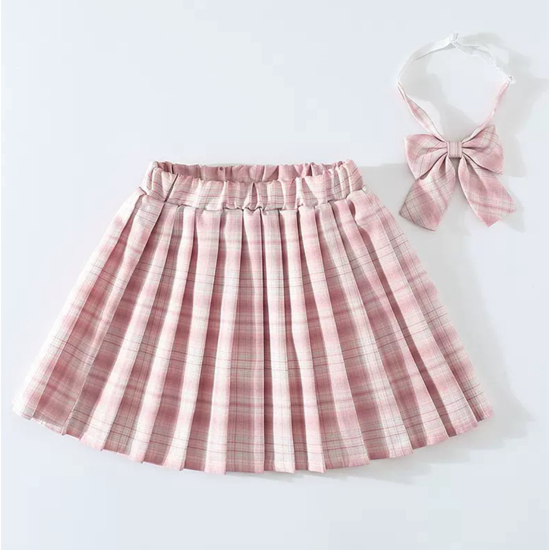 大人気 130 スカート チェック リボン ネックレス 3点セット　韓国　ピンク キッズ/ベビー/マタニティのキッズ服女の子用(90cm~)(スカート)の商品写真