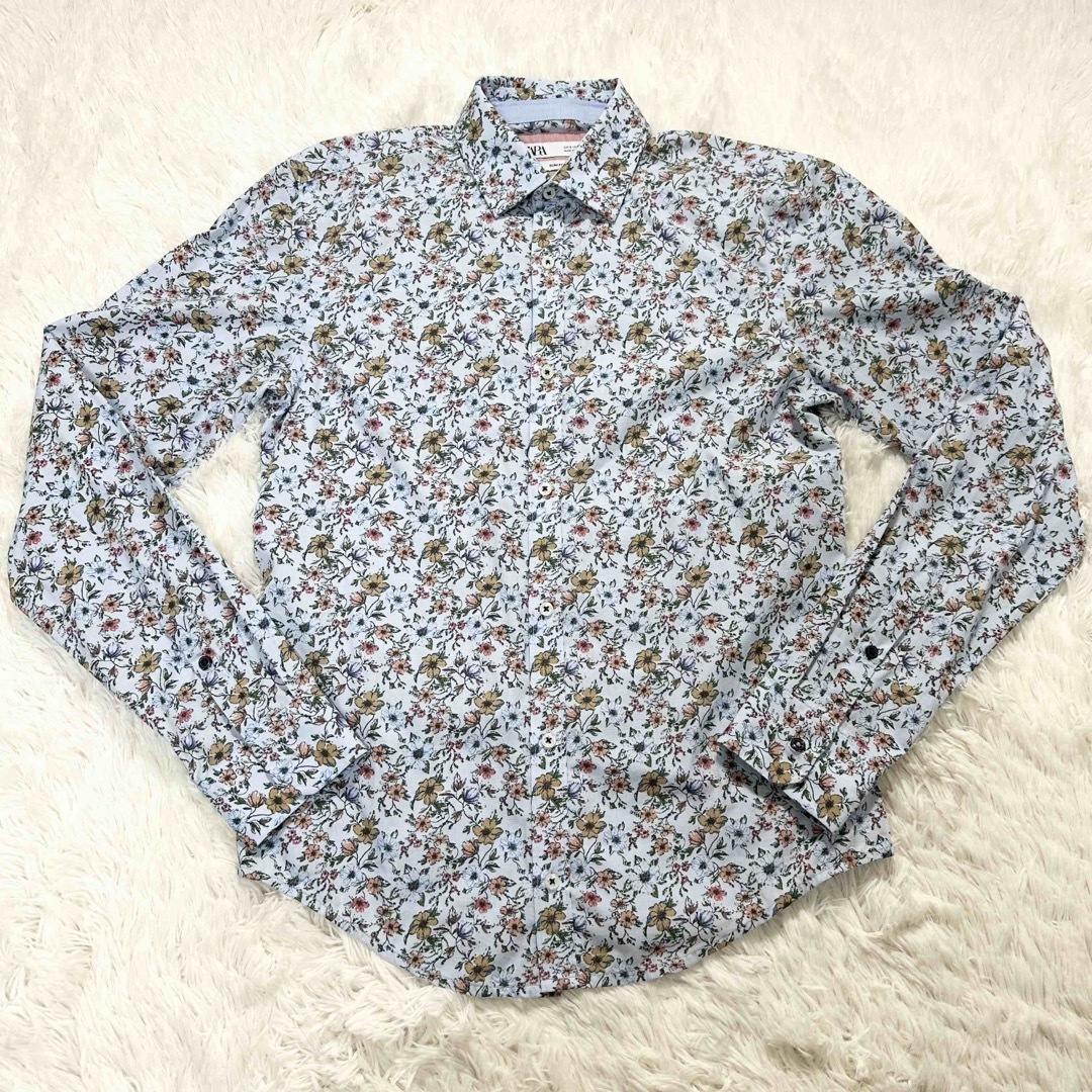 ZARA(ザラ)のZARA 長袖シャツ　ブルー系　総柄　花柄　SLIM FIT サイズS メンズのトップス(シャツ)の商品写真