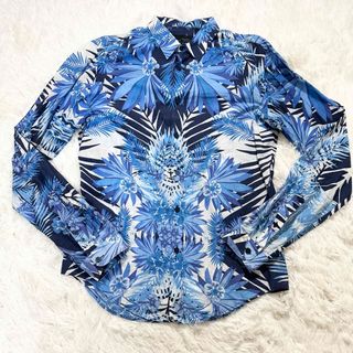 ZARA MAN 長袖シャツ　ブルー系　総柄　花柄　ボタニカル　サイズM