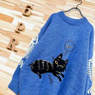 未使用【フック】HOOK ネコ 猫ちゃん 刺繍 ニット セーター L 青×黒(ニット/セーター)