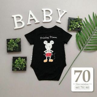 70cm｜ブラック〔ミッキー半袖ロンパース〕ディズニー Tシャツ ペア親子コーデ(ロンパース)