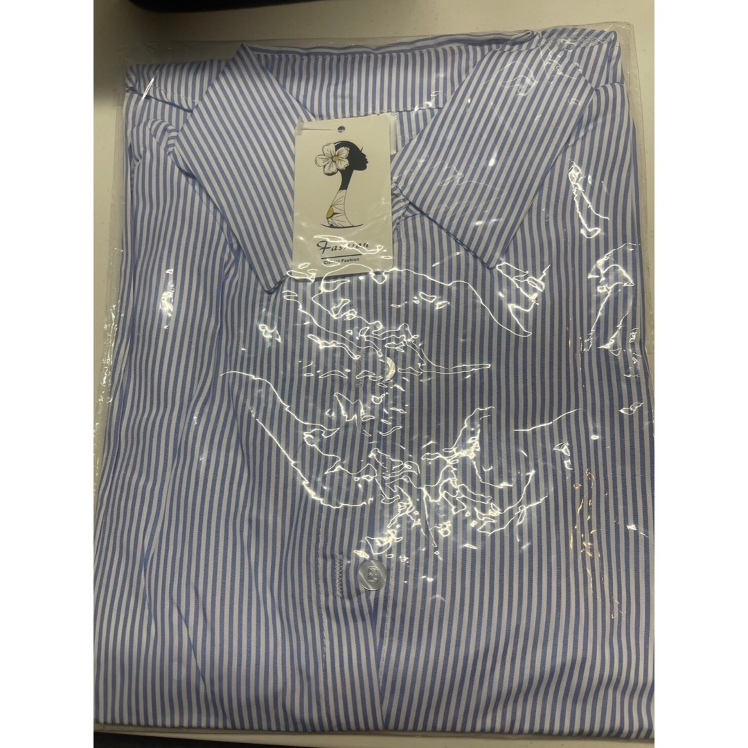 フリル袖　ストライプシャツ　キャンディースリーブ　L　ブルー レディースのトップス(シャツ/ブラウス(長袖/七分))の商品写真