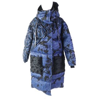 極美品◎MONCLER GENIUS 2 モンクレール ジーニアス 2 22-23AW HOWARD 総柄刺繍デザイン フード付き ロング ダウンコート ブルー ブラック 00 イタリア製 正規品 レディース(ダウンコート)