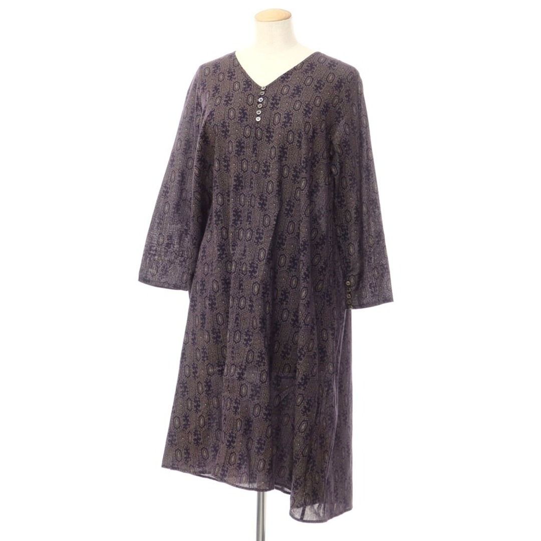 nest Robe(ネストローブ)の【中古】ネストローブ nest Robe コットン 総柄 長袖 ワンピース ネイビーxベージュ【サイズ表記なし（F）】【レディース】 レディースのワンピース(ひざ丈ワンピース)の商品写真