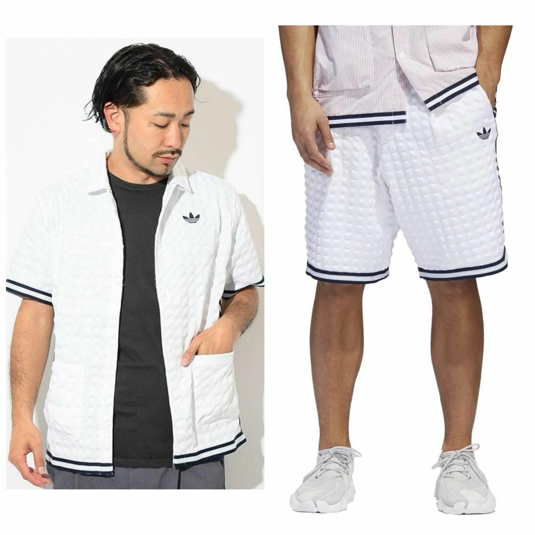 adidas(アディダス)の美品adidas ワッフル セットアップ 半袖シャツ ホワイト×ネイビー L メンズのトップス(Tシャツ/カットソー(半袖/袖なし))の商品写真