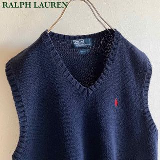 Ralph Lauren - ビンテージ ポロ ラルフローレン ロゴ刺繍 Vネック コットン ニット ベスト