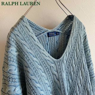 ラルフローレン(Ralph Lauren)のポロラルフローレン フェード加工 Vネック コットン ケーブルニット インディゴ(ニット/セーター)