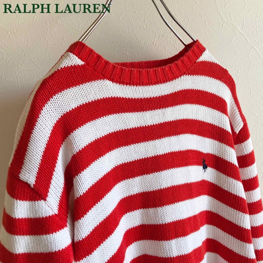 Ralph Lauren(ラルフローレン)のビンテージ ラルフローレン ロゴ刺繍 ボーダー コットン ニット 赤 白 レディースのトップス(ニット/セーター)の商品写真