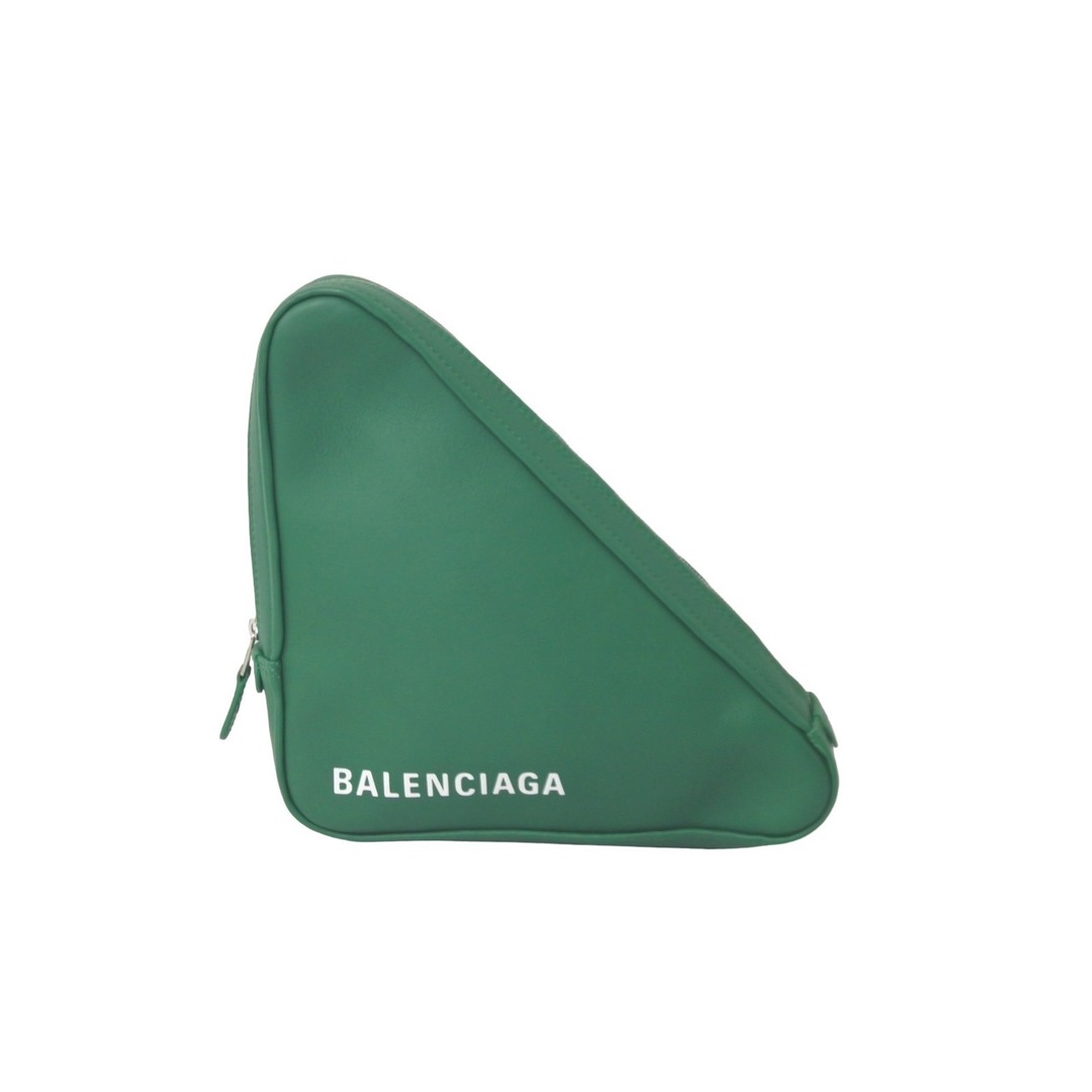 Balenciaga(バレンシアガ)のBALENCIAGA バレンシアガ トライアングル レザー クラッチバッグ グリーン 476976 ロゴ 鞄 手持ち ポーチ 美品 中古 61626 レディースのバッグ(クラッチバッグ)の商品写真