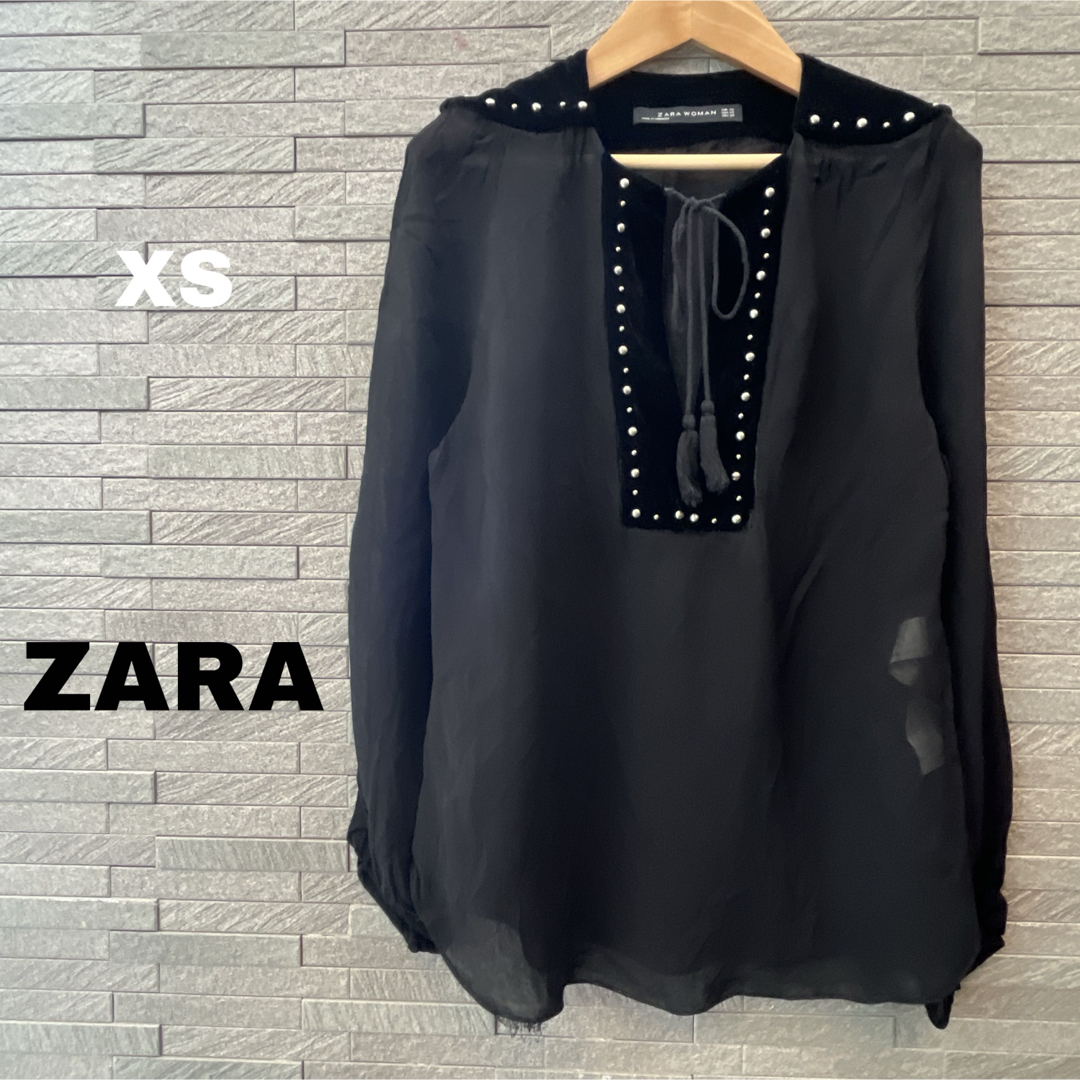 ZARA(ザラ)のザラ ZARA 長袖 トップス カットソー Vネック 黒 シースルー ブラウス レディースのトップス(カットソー(長袖/七分))の商品写真