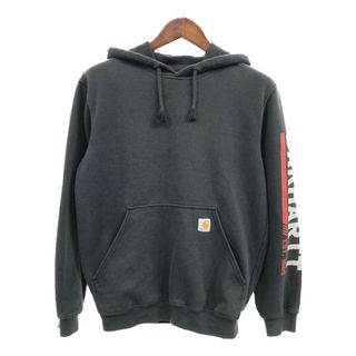 カーハート(carhartt)のCarhartt カーハート ロゴ 袖プリント スウェット パーカー ワンポイントロゴ ブラック (メンズ S) 中古 古着 Q1962(スウェット)