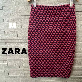 ザラ(ZARA)のザラ ZARA タイト スカート M ピンク×ブラック ボトムス 膝丈 膝下(ひざ丈スカート)