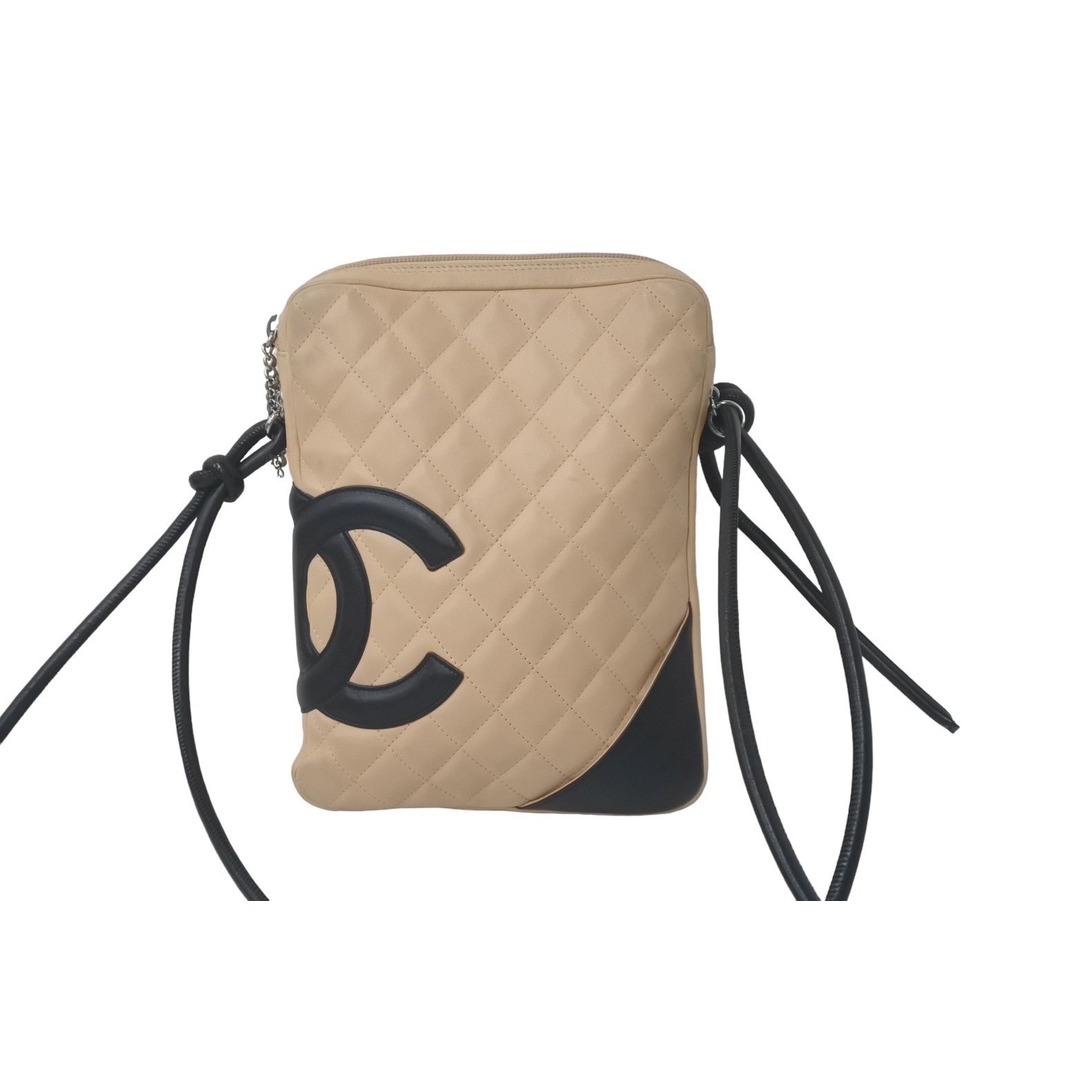 CHANEL(シャネル)のCHANEL シャネル カンボンライン ショルダーバッグ 9番台 ラムスキン ベージュ ブラック シルバー金具 良品 中古 61633 レディースのバッグ(ショルダーバッグ)の商品写真