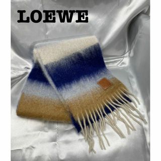 ロエベ(LOEWE)の☆人気☆LOEWEストライプモヘア マフラー ロゴパッチ付　ネイビー(マフラー/ショール)