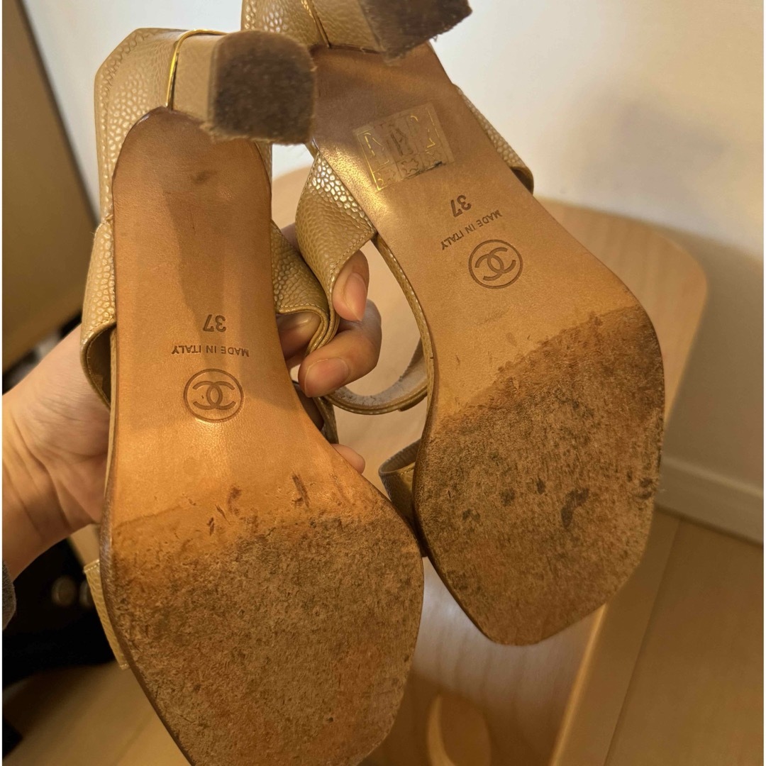 CHANEL ベージュ リボン　ミュール Chanel Beige Fabric Mules
