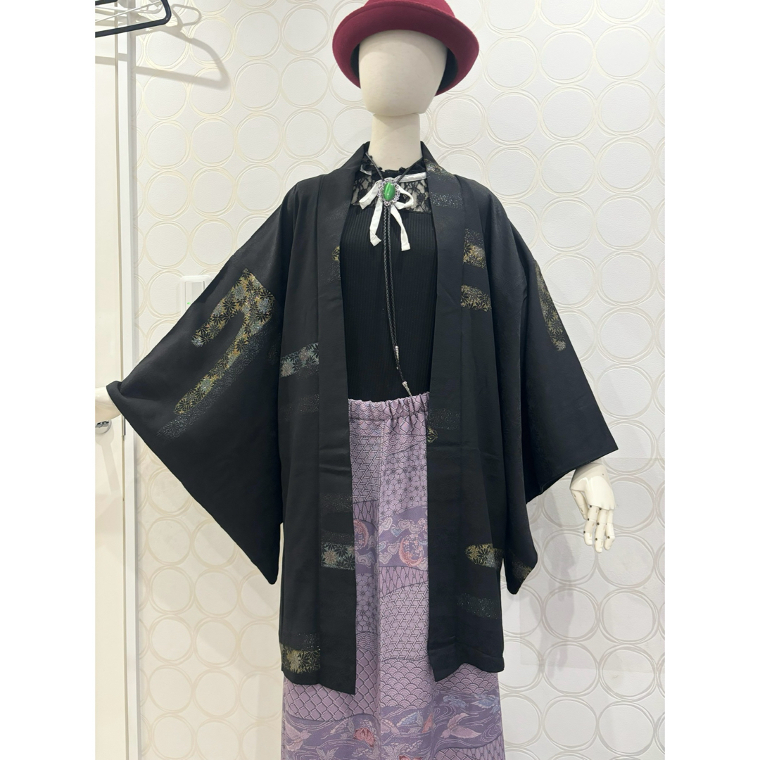 羽織 黒 キラキラ 花柄 ロング羽織 コート レディースのトップス(カーディガン)の商品写真