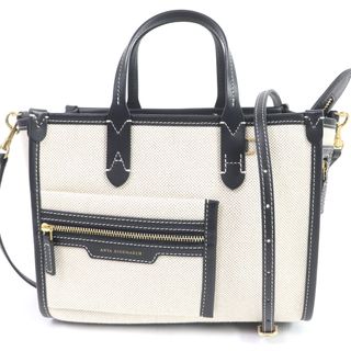 未使用品□Anya Hindmarch アニヤ・ハインドマーチ キャンバス スムースエコレザー 2WAY ポケットトートバッグ ハンドバッグ XS ベージュ ブラック レディース 定価97,900円