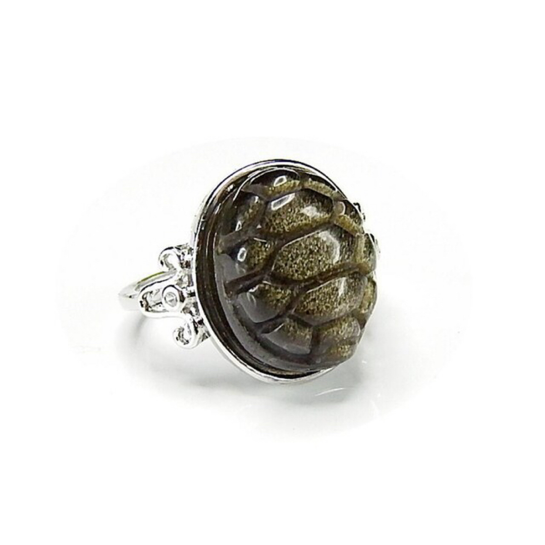 レア魔除けゴールドオブシディアン亀紋手彫り指輪14号天然石リング石街U2-02 レディースのアクセサリー(リング(指輪))の商品写真