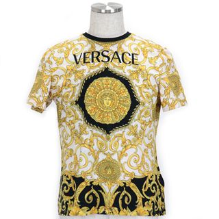 ヴェルサーチ(VERSACE)のヴェルサーチ 2021年 メデューサ×ブランドロゴ Ｔシャツ 総柄プリント メンズ サイズ 42 ブラック イエロー 黒 黄色 VERSACE(Tシャツ/カットソー(半袖/袖なし))