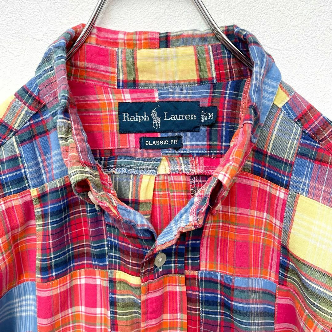 POLO RALPH LAUREN(ポロラルフローレン)のラルフローレン　90年代　パッチワーク　チェック　ロゴ刺繍　BD　長袖シャツ　M メンズのトップス(シャツ)の商品写真