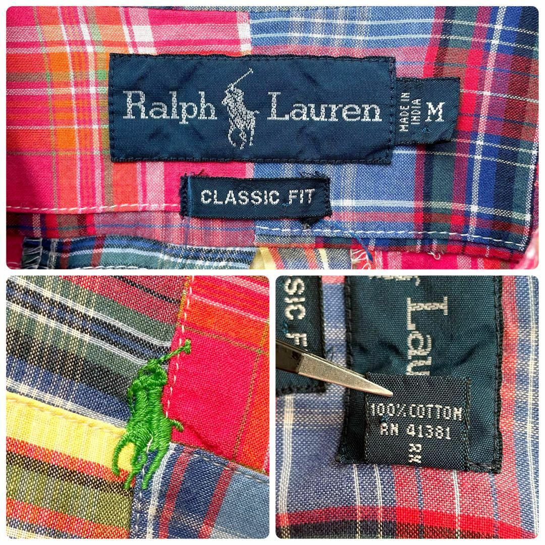 POLO RALPH LAUREN(ポロラルフローレン)のラルフローレン　90年代　パッチワーク　チェック　ロゴ刺繍　BD　長袖シャツ　M メンズのトップス(シャツ)の商品写真