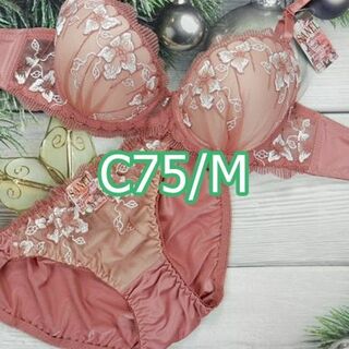 c127 C75/M ブラ＆ショーツセット ピンク系 チュール アジサイ刺繍(ブラ&ショーツセット)